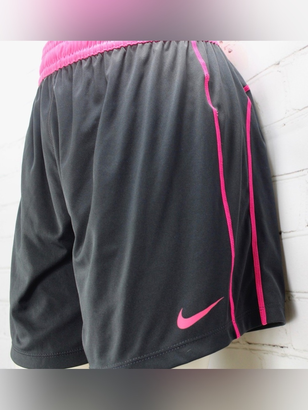 Nike Dri Fit Academy Shorts Charcoal with Hot Pink Waistband Trim and Stitching